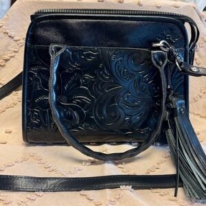 PATRICIA NASH TOOLED LEATHER PARIS SATCHEL/CROSSBODY NWOT Black Small
